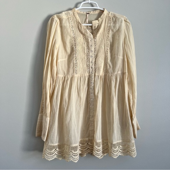 Free People Dresses & Skirts - Free People Women’s Cream Lace Cotton Long Sleeve Shirt Dress Medium